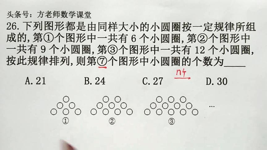 [图]数学7上：看图形找规律，热门考点，求第n个图形有多少个小圆圈？