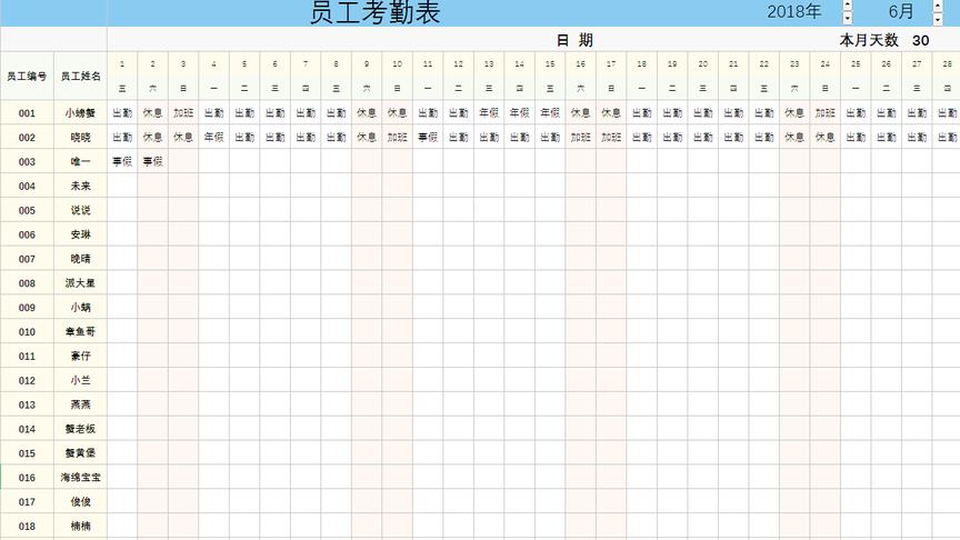 [图]HR职场人员，你要的员工考勤表来了，自动统计出勤天数