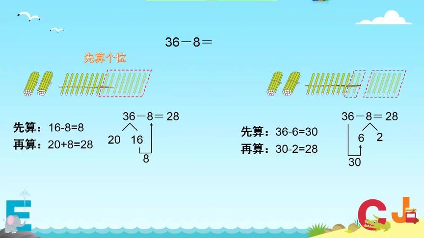 [图]小学数学一年级下-课时39-两位数减一位数（退位）