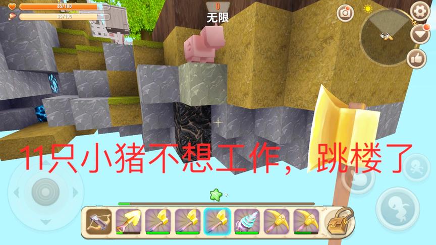 迷你世界空岛生存23：为了提升火箭背包耐久度，召唤11只猪来挖矿