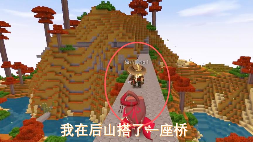 迷你世界联机10：我搭了一座石桥到对面的山上，准备去寻找迅猛龙