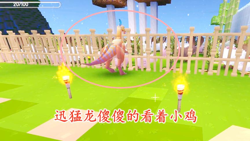 迷你世界联机72：迅猛龙在鸡圈外面傻傻的看着小鸡，一直不肯离开