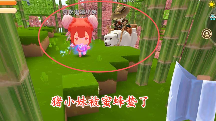 迷你世界联机97：我们在桃林收集蜂蜜，不小心被蜜蜂蛰了