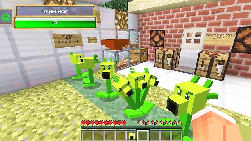 我的世界mod大战僵尸：玩家拿出豌豆射手，能射击豌豆打僵尸！