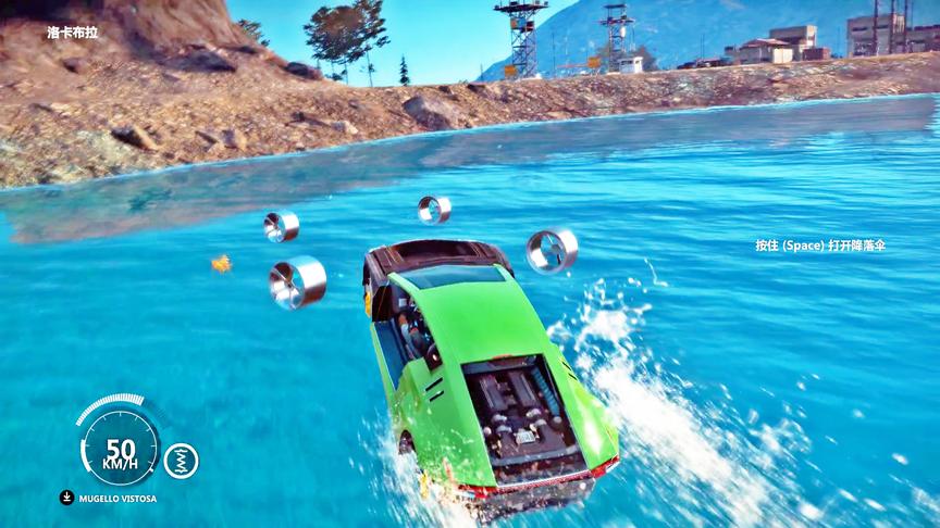 小林解说：超级跑车在水面蜻蜓点水，轮子都点飞了！