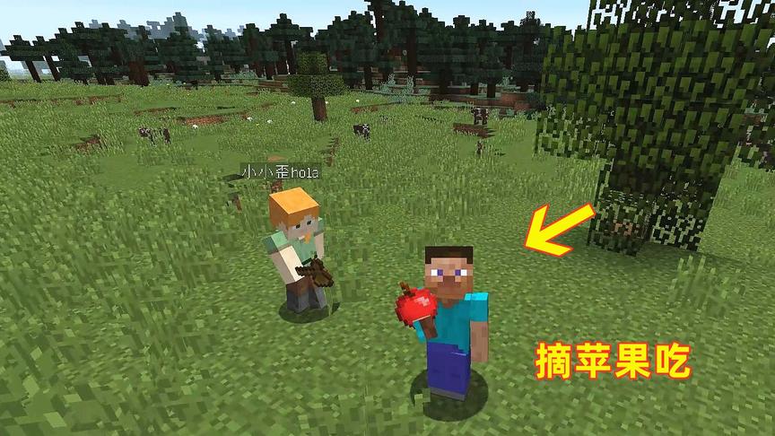 我的世界第2期！儿子饿了肚子咕咕叫，我带他去摘苹果吃