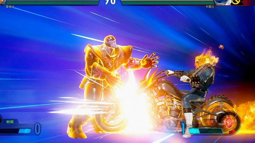 灭霸挡住了恶灵骑士的去路，恶灵骑士发飙直接开摩托碾了过去