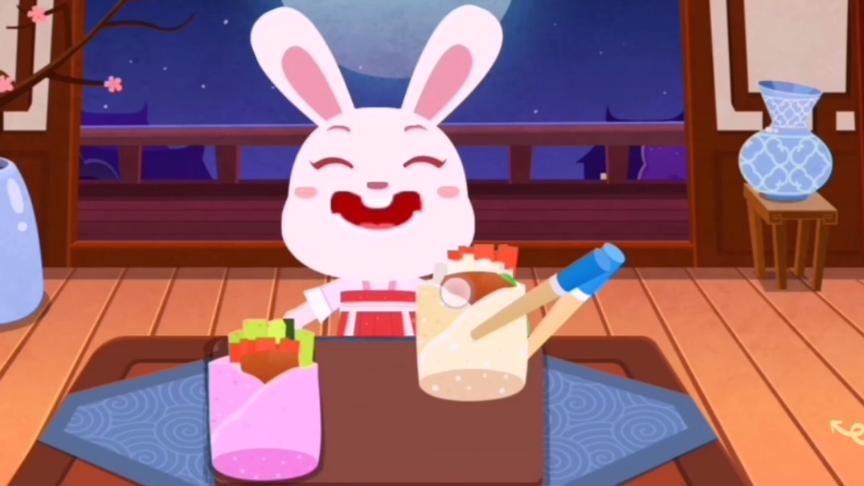 小猴子做了3种口味的鸭肉卷，小白兔吃得津津有味的